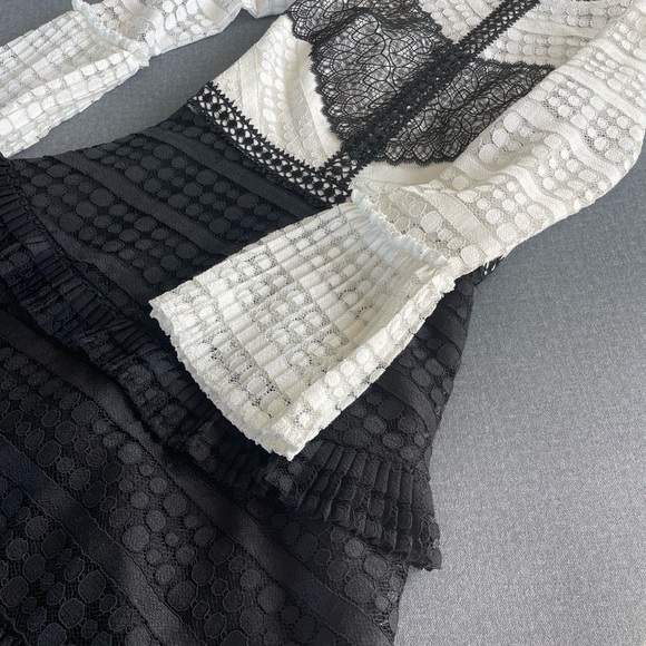Gianni Bini Liv Mock Neck Lace Black & White Long Sleeve Dress XS | Ruffle Skirt - Picture 2 of 12